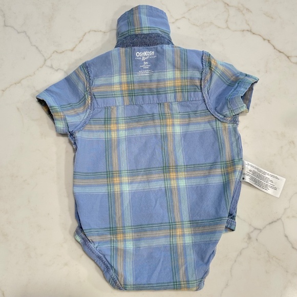 OshKosh B'gosh - 3M - Blue & Green Plaid Button Front Short Sleeve Bodysuit - Picture 3 of 4